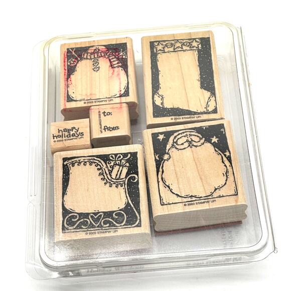 Stampin' Up! Holiday Woodcuts Rubber Stamps Christmas Sleigh Stocking Snowman - Picture 13 of 13